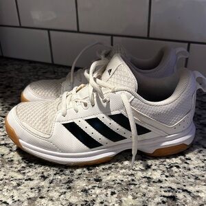 Adidas White and Black Athletic Shoes with Tan Soles